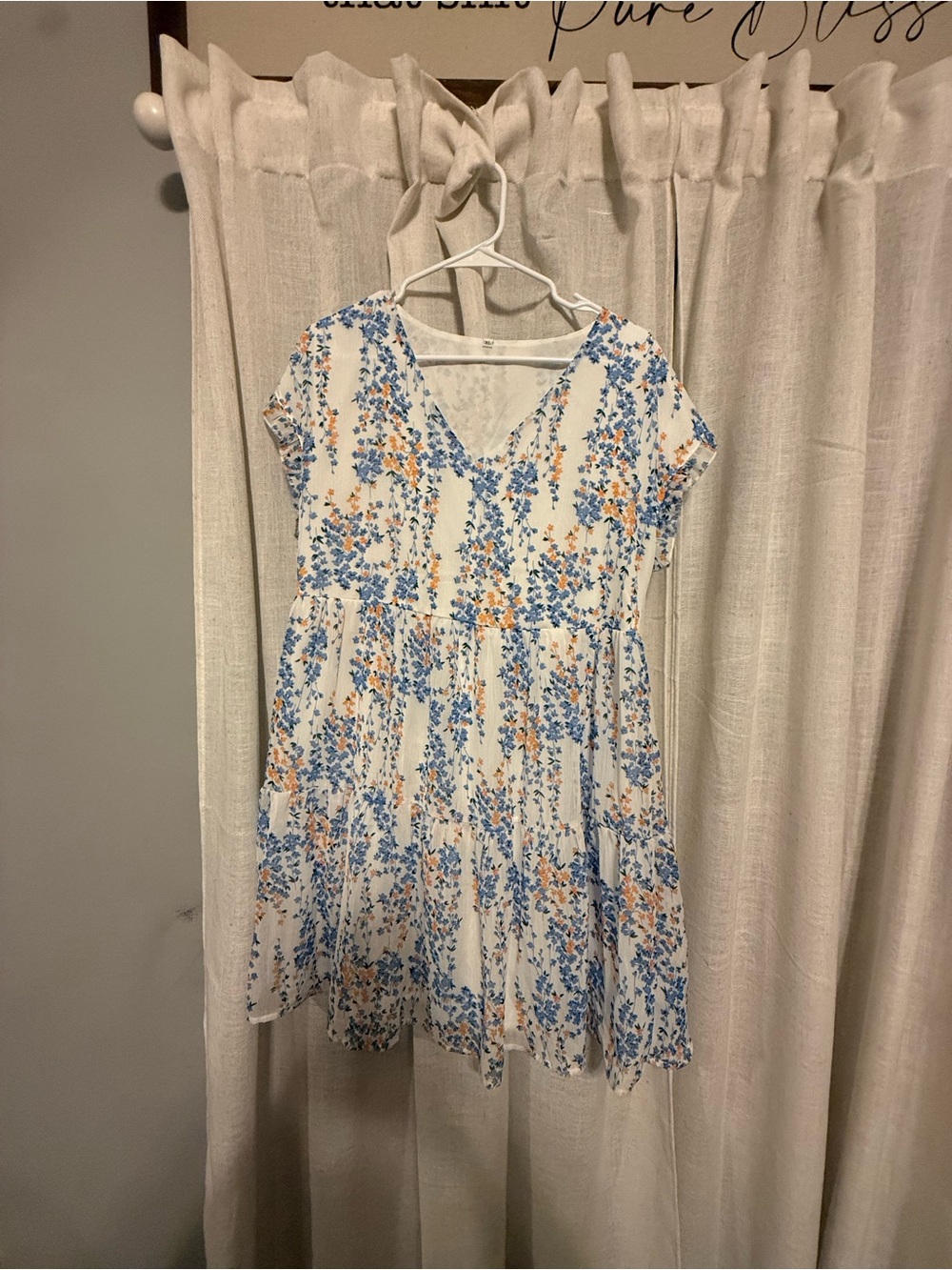 Floral V-Neck Dress in White with Blue & Orange Print